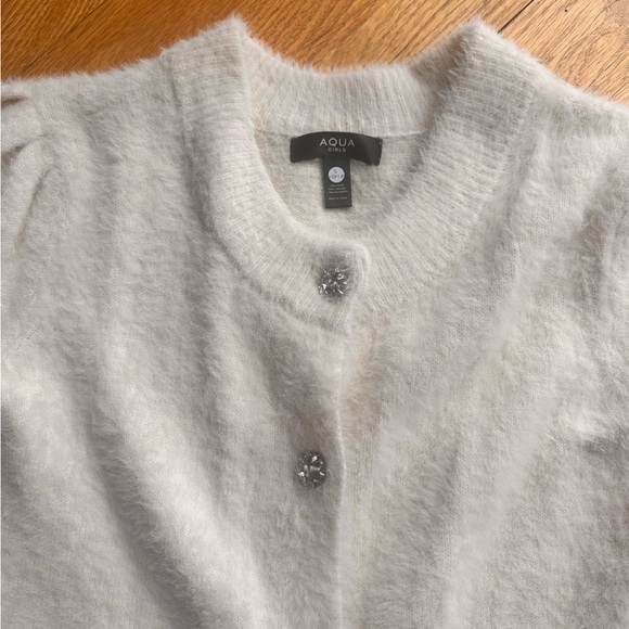 Girls Aqua Fuzzy Knit Cardigan – Off-White / Ivory - Picture 2 of 6